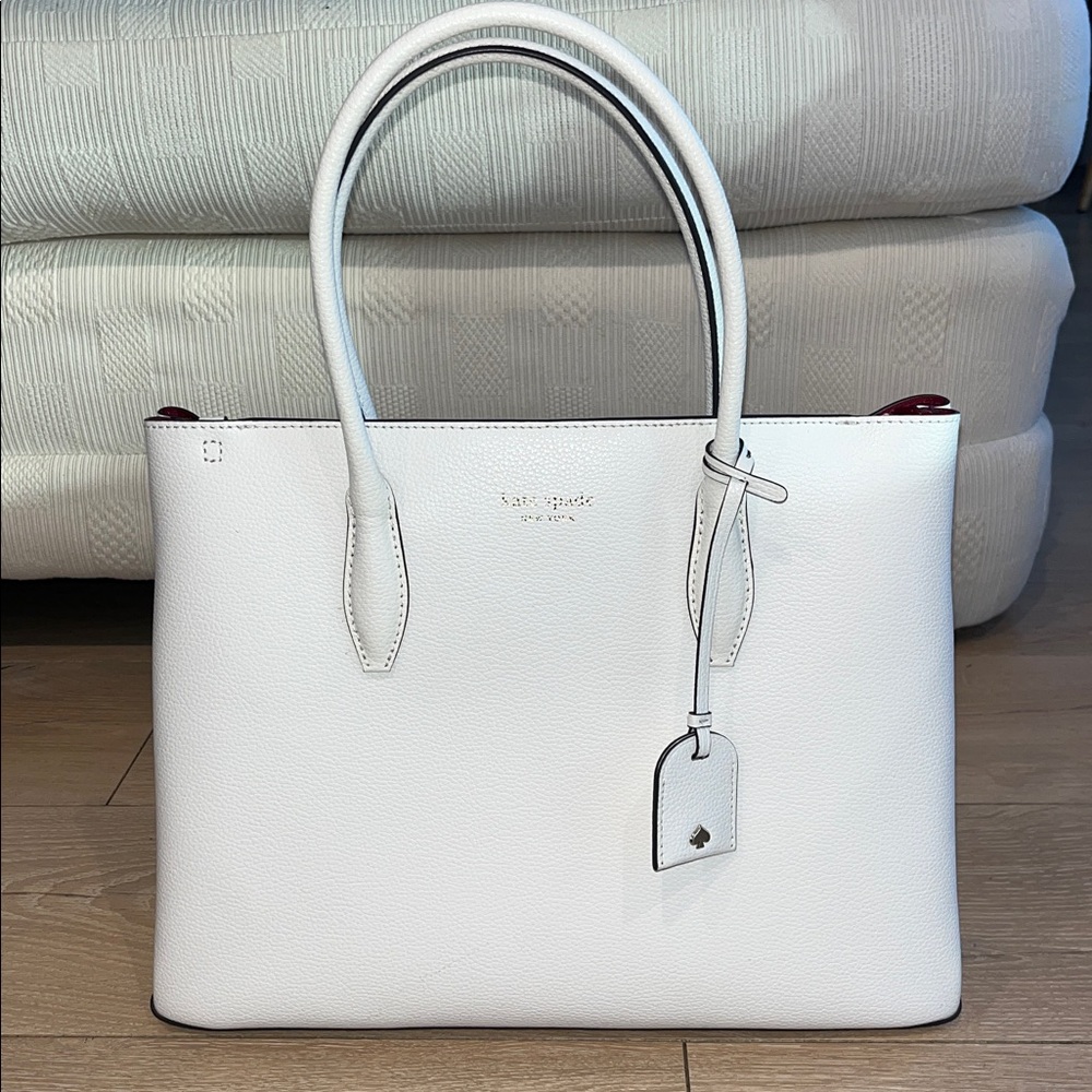 NEW Kate Spade Eva Medium White Ivory Pebbled Leather Top Zip Tote Satchel Bag